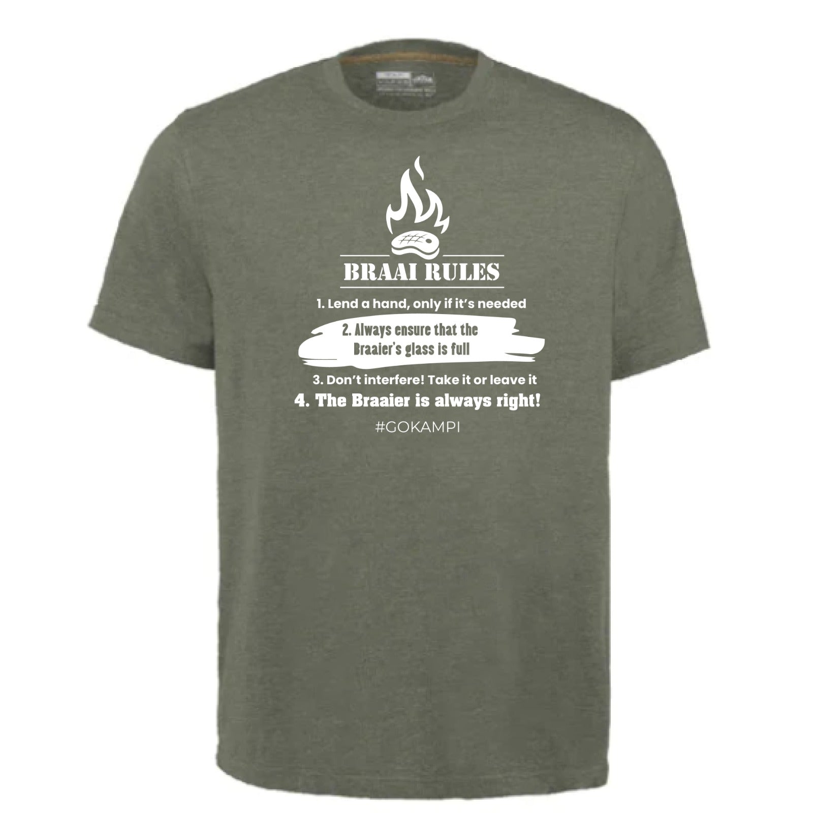 "Braai Rules" Olive Green T-shirt Kampi.co.za