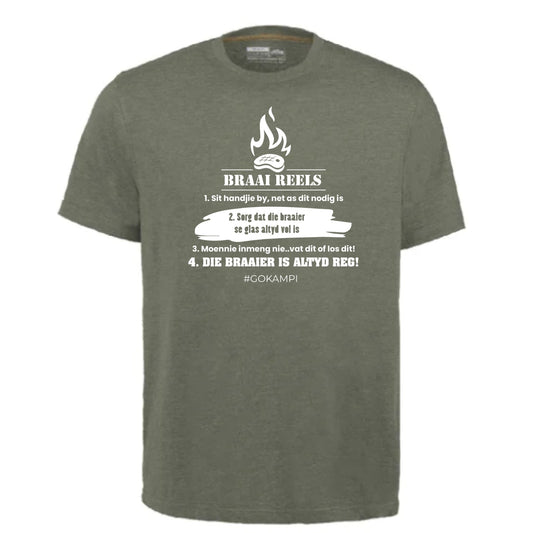 "Braai Reëls" T-shirt Olive Green Kampi.co.za