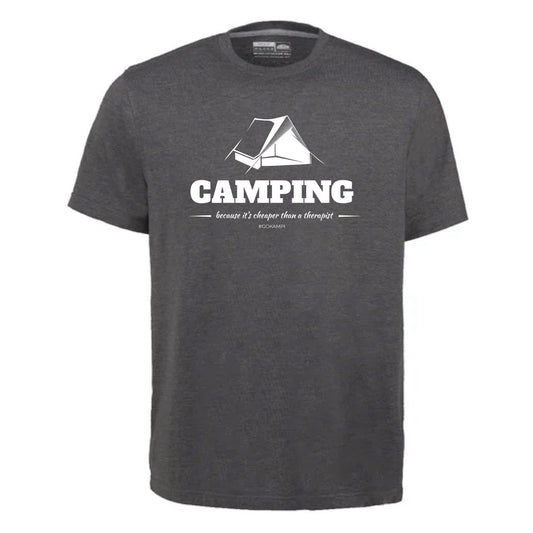 "Camping - because its cheaper than therapy" Charcoal T-shirt