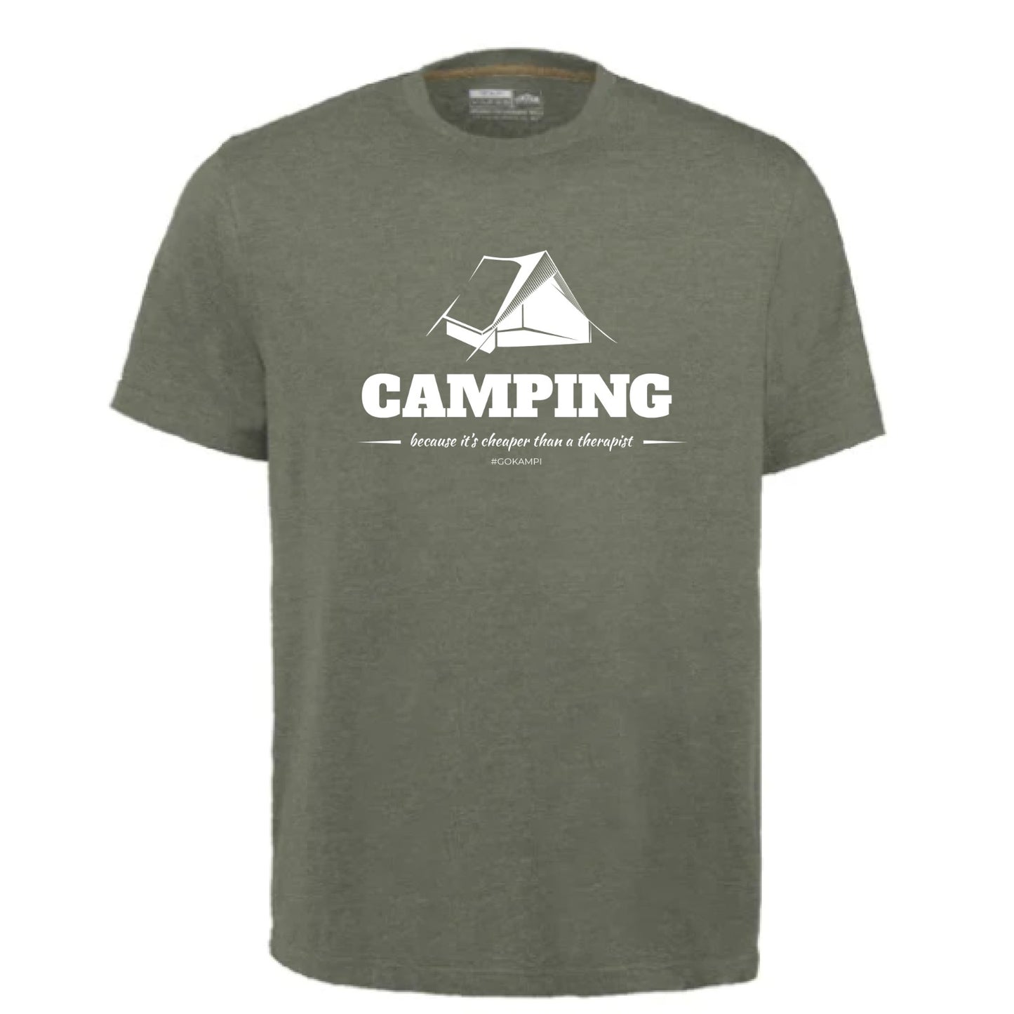 "Camping - because its cheaper than therapy" Olive Green T-shirt