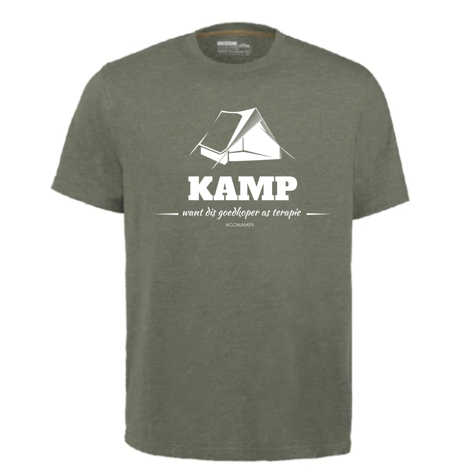 "Kamp - want dis goedkoper as terapie" Olive green T-shirt Kampi.co.za
