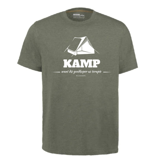 "Kamp - want dis goedkoper as terapie" Olive green T-shirt Kampi.co.za
