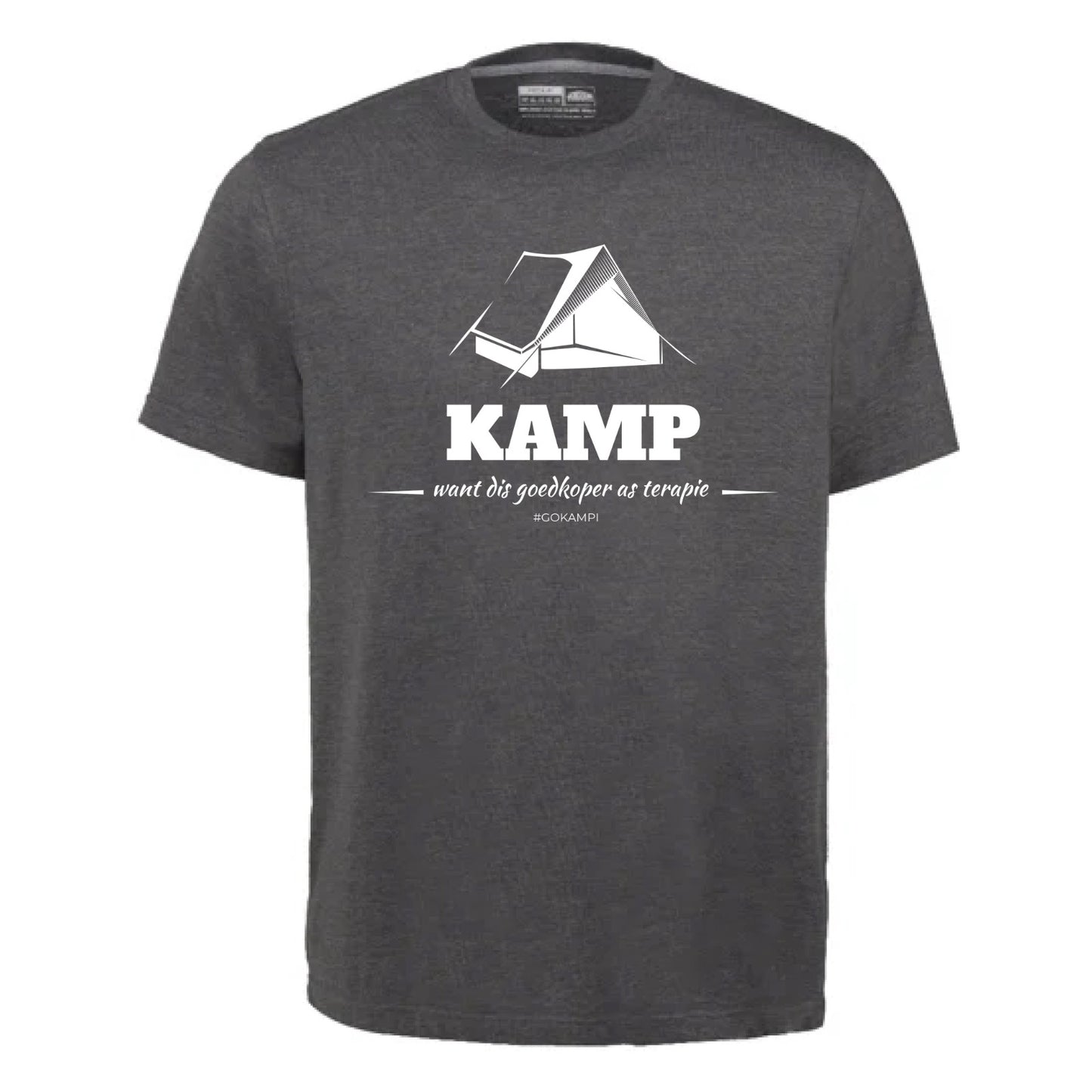 "Kamp - want dis goedkoper as terapie" Charcoal T-shirt Kampi.co.za
