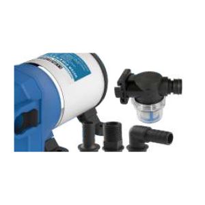 Lumeno 41 Series 12V water pump with hose fittings and an inline strainer