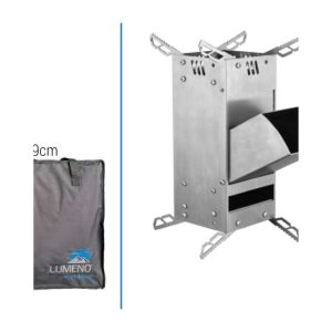 Lumeno stainless steel flat-pack potjie braai and rocket stove with its carry bag