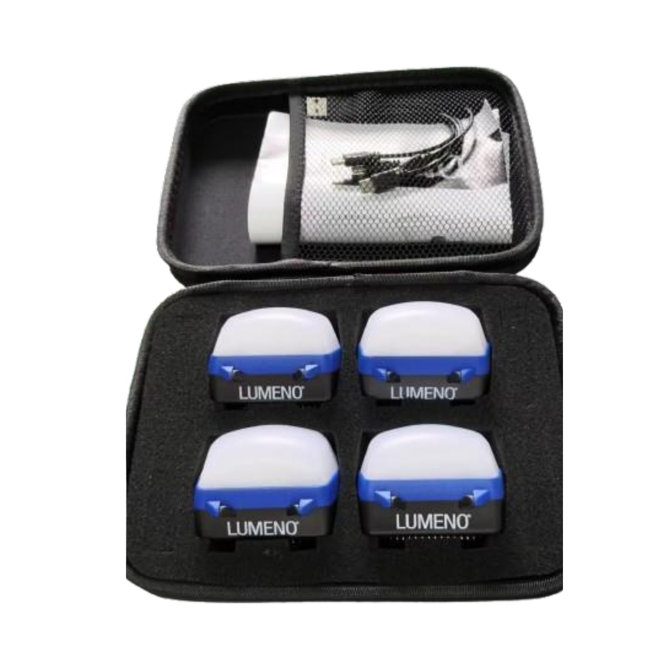 Lumeno rechargeable camping light kit, four LED lights in a hard carry case
