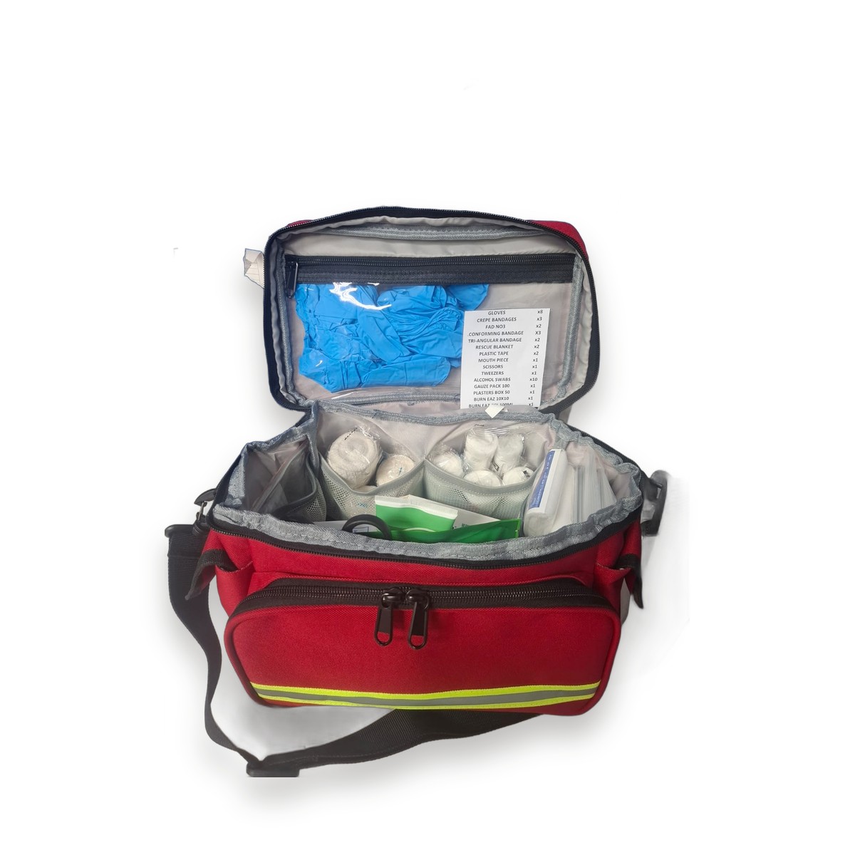 Campsite First Aid Kit open, showing burn dressings, bandages, gloves and the printed contents list