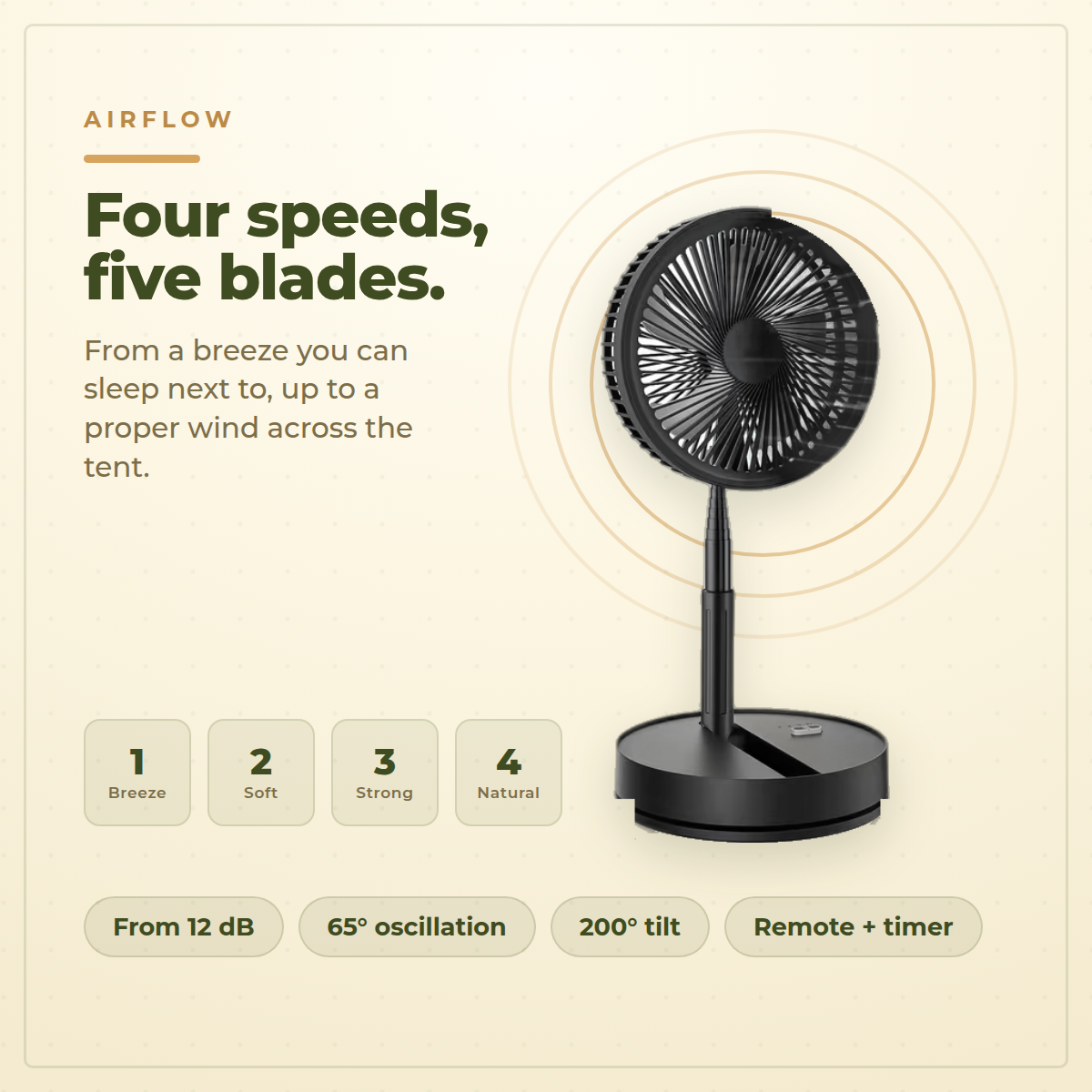Kampi Foldaway Camp Fan - four speeds, five blades, from 12 dB